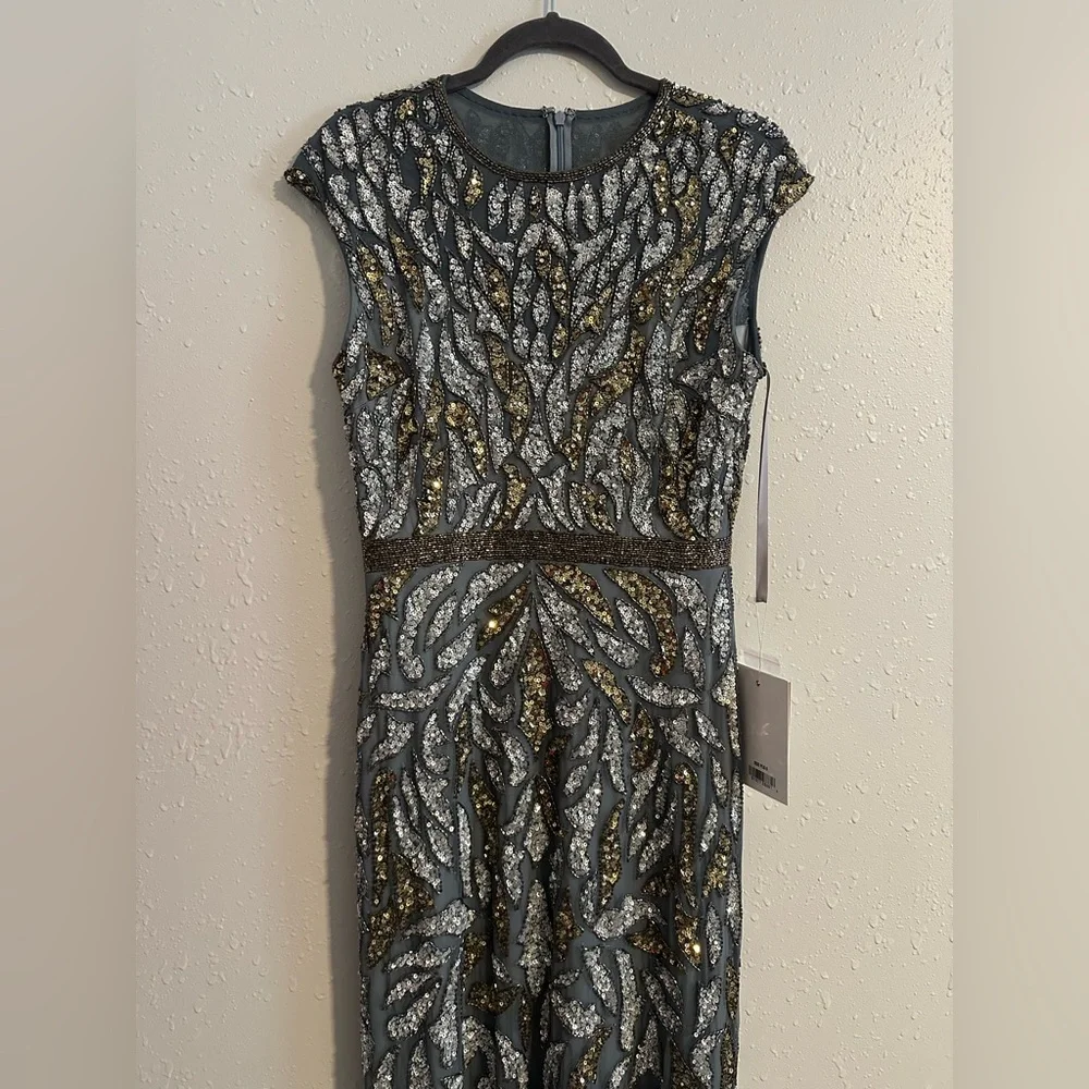 Mac Duggal Blue and Gold Embellished Illusion Cap Sleeve Column Gown